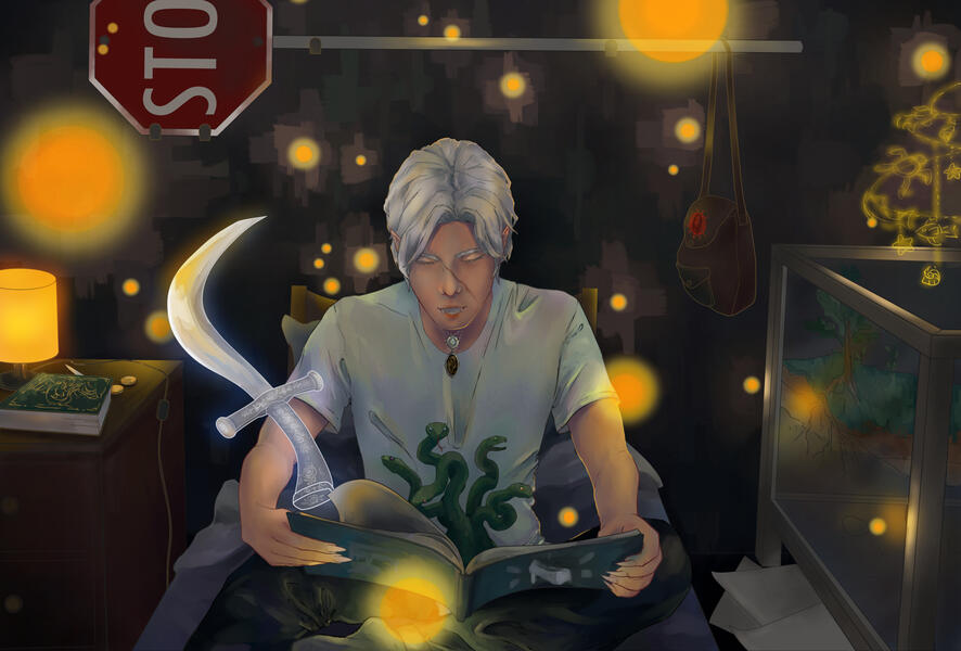 Full body Line art + render + complex environment 215